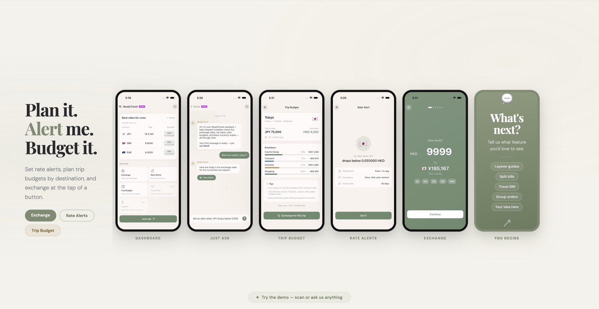 ReadyTravel app screens showing Dashboard, Chat, Trip Budget, Rate Alerts, Exchange, and more
